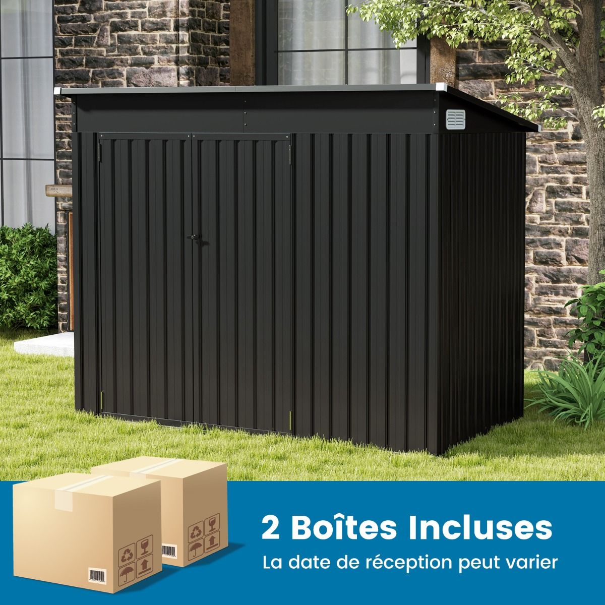 Abri de Jardin Extrieur Abri Outils de Jardin avec 2 Portes Design Inclin Arations Cadre en Mtal Galvanis 235x117x185cm Gris Fonc -