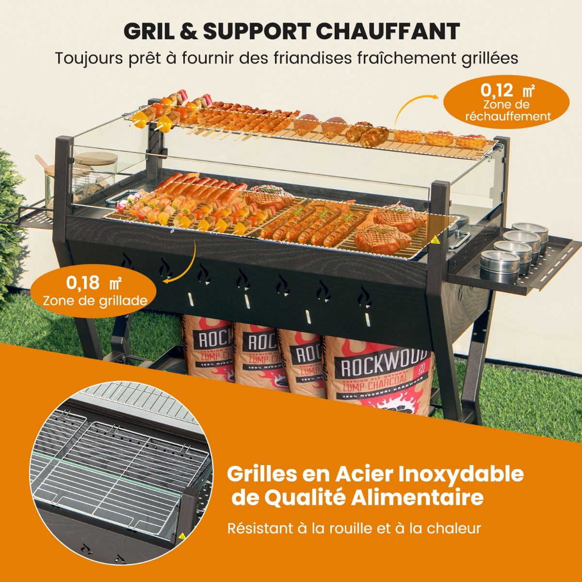 Barbecue Charbon de Bois Gril au Charbon de Bois en Acier Inoxydable avec Pare-vent Supports d'Assaisonnement tagre de Rangement Marron -