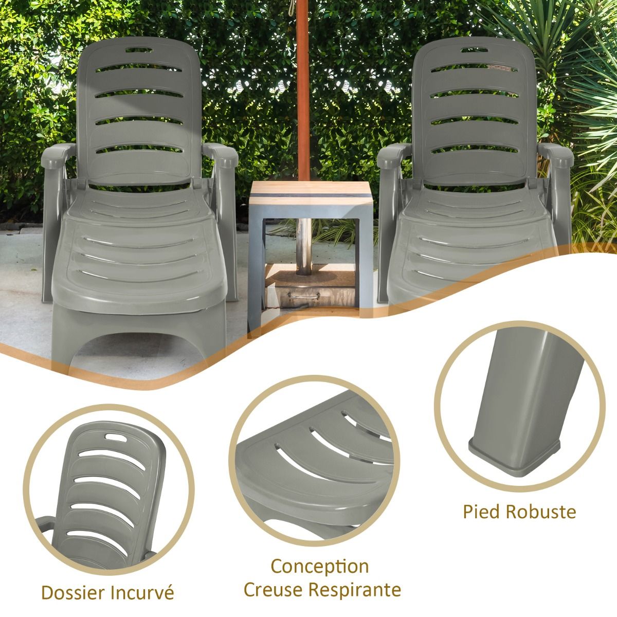 Chaise Longue Pliable Dossier Inclinable 5 Positions avec Roues Intgres pour Terrasse Jardin Piscine 150 kg Gris/Blanc/Bleu -