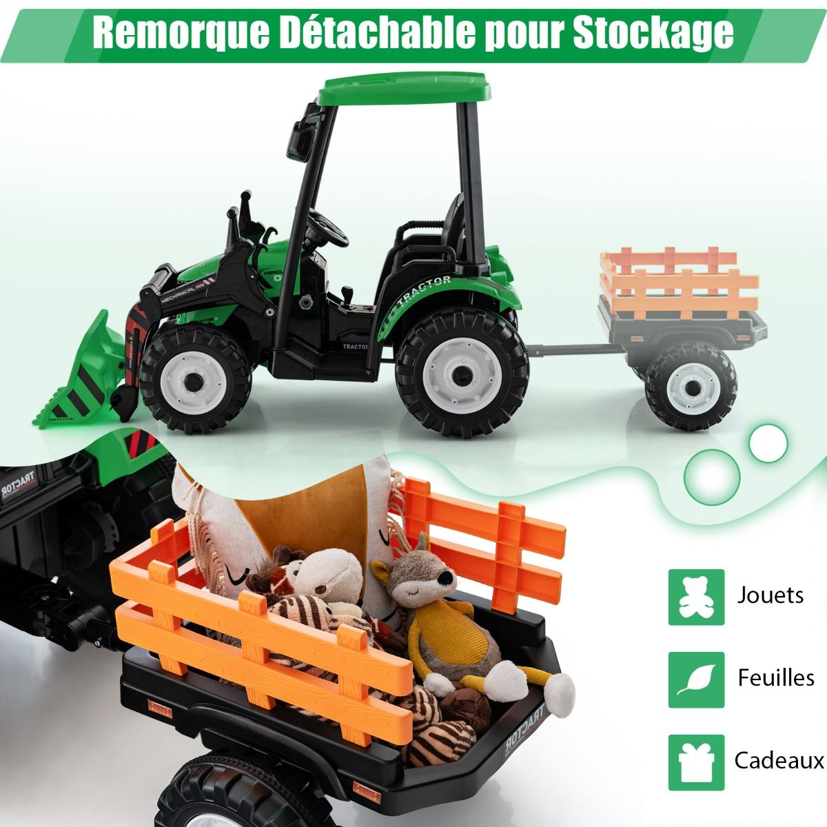 12V Tracteur lectrique Enfants avec Pelle&Remorque Amovible Vhicule lectrique 6 Roues avec Tlcommande & Musique 3-6 km/h pour 3-8 Ans Jaune/Vert -