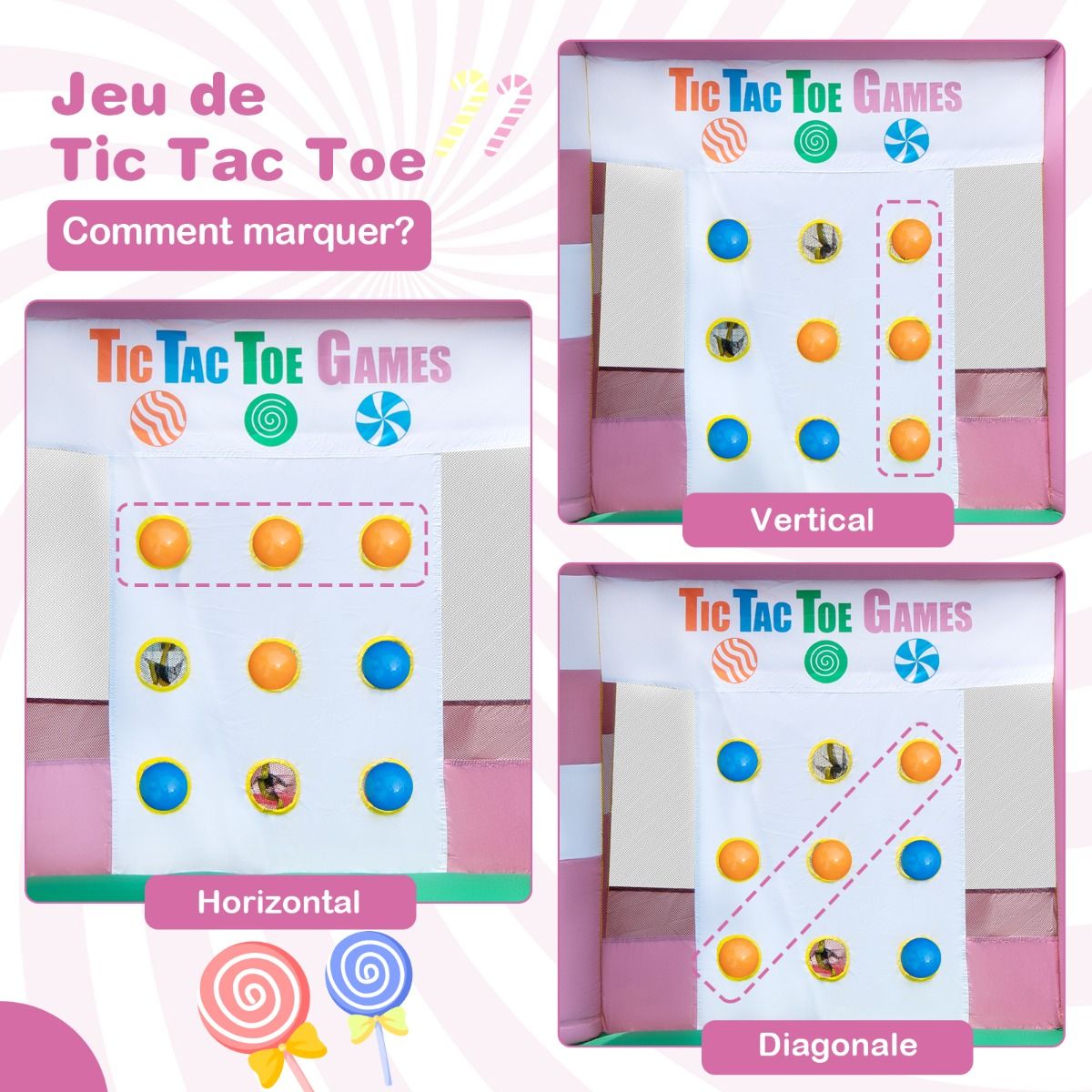 9 en 1 Ch芒teau Gonflable en Forme Bonbons avec Toboggan Maison de Saut Gonflable avec Pistolet Eau Charge 90kg pour 2 Enfants de 3-10 Ans -