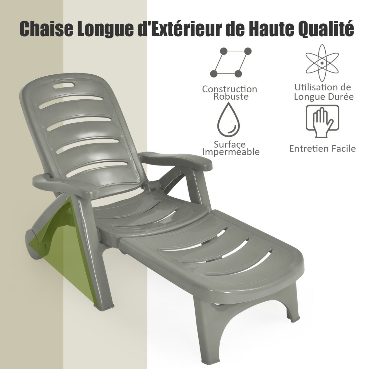 Chaise Longue Pliable Dossier Inclinable 5 Positions avec Roues Intgres pour Terrasse Jardin Piscine 150 kg Gris/Blanc/Bleu -