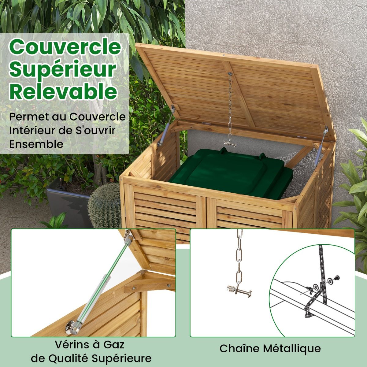 Abri Poubelle en Bois de 120 L Abri pour Outils d'Extrieur avec Couvercle Ouvrable Doubles Portes Loquet de Verrouillage Naturel -