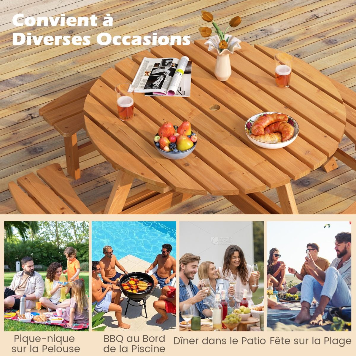 Ensemble Table de Pique-Nique en Bois pour 2 8 Personnes Set Table et Banc Circulaire avec 4 Bancs Intgrs Trou de Parasol de 5cm Marron/Jaune -