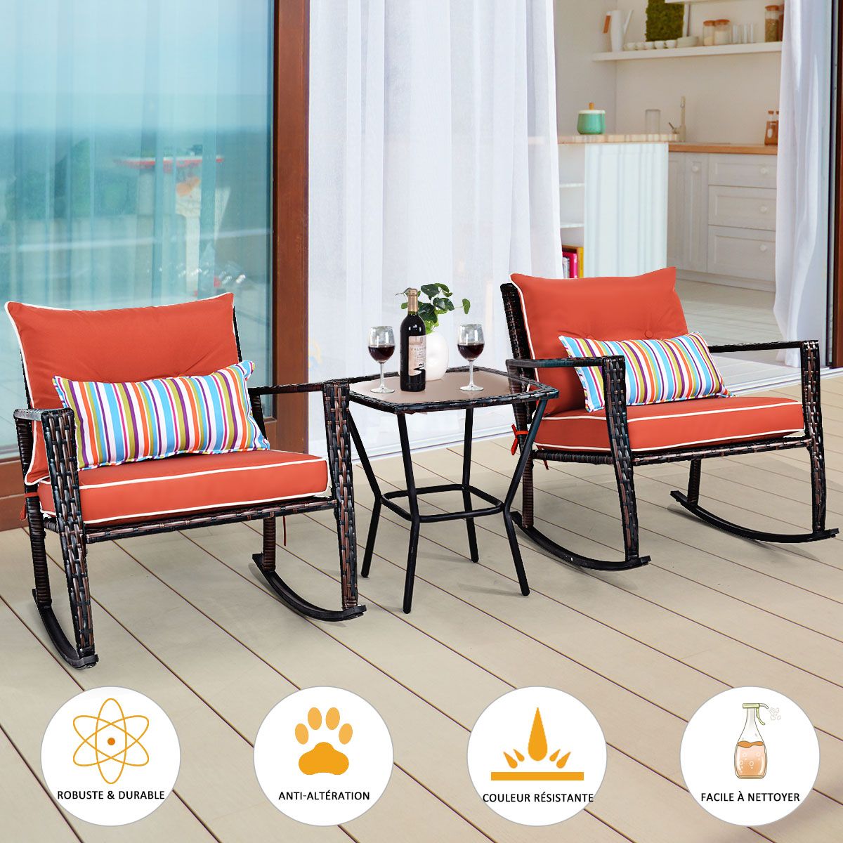 Ensemble de Jardin avec 2 Fauteuils Bascule et 1 Table Basse en Verre Tremp Tous Coussins Inclus en Rotin PE -