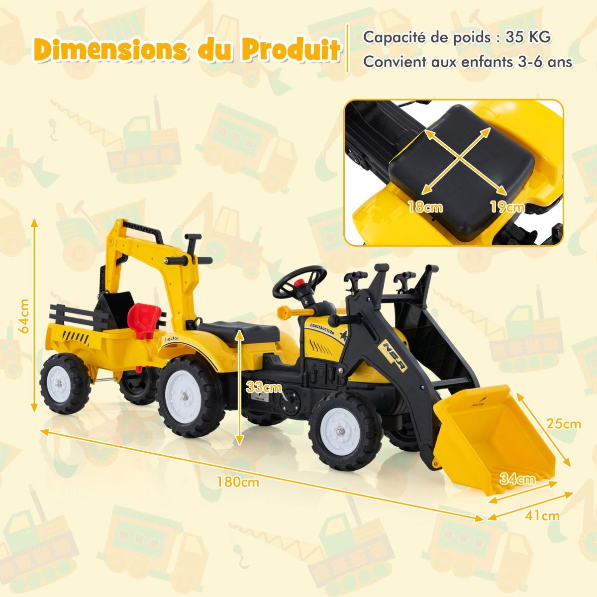 3 en 1 Tracteur pour Enfant avec 6 Roues Jouet Pelle Remorque Amovible avec Volant Klaxon 3 6 Ans Jaune/Vert -