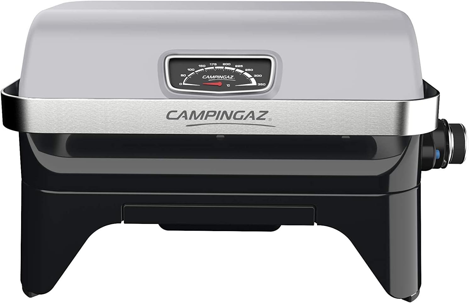Attitude2go,Barbecue de Table Faible fume,BBQ Portable, Couvercle,thermomtre,et Grille en Fonte,Alimentation : Cartouche de gaz CV 470 Plus,Gris