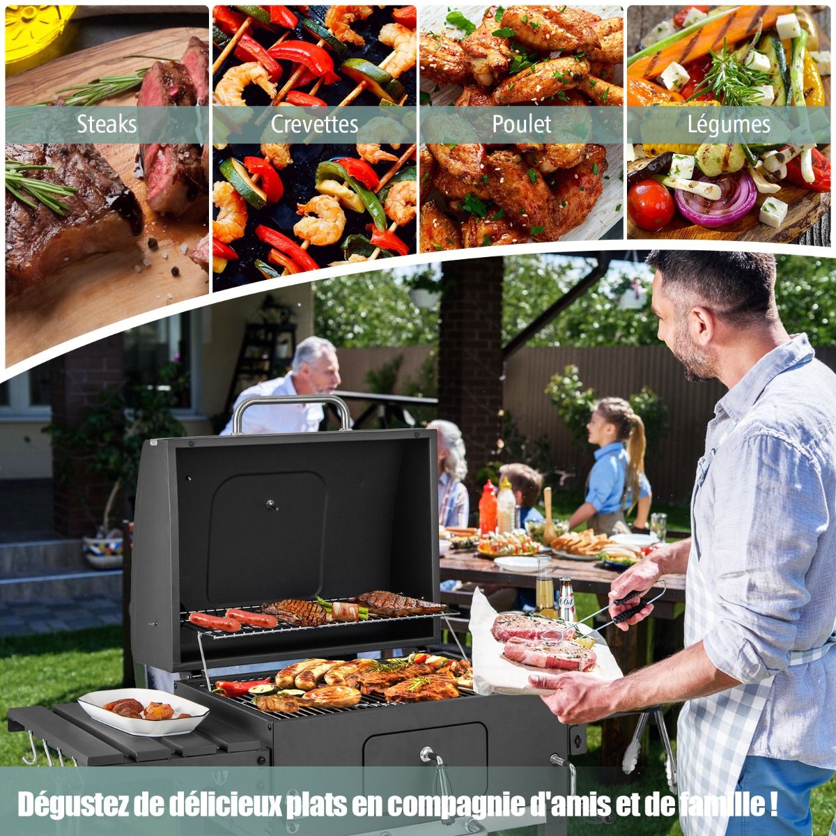 Barbecue Charbon de Bois Portable avec 2 Tables d'Appoint Noir -