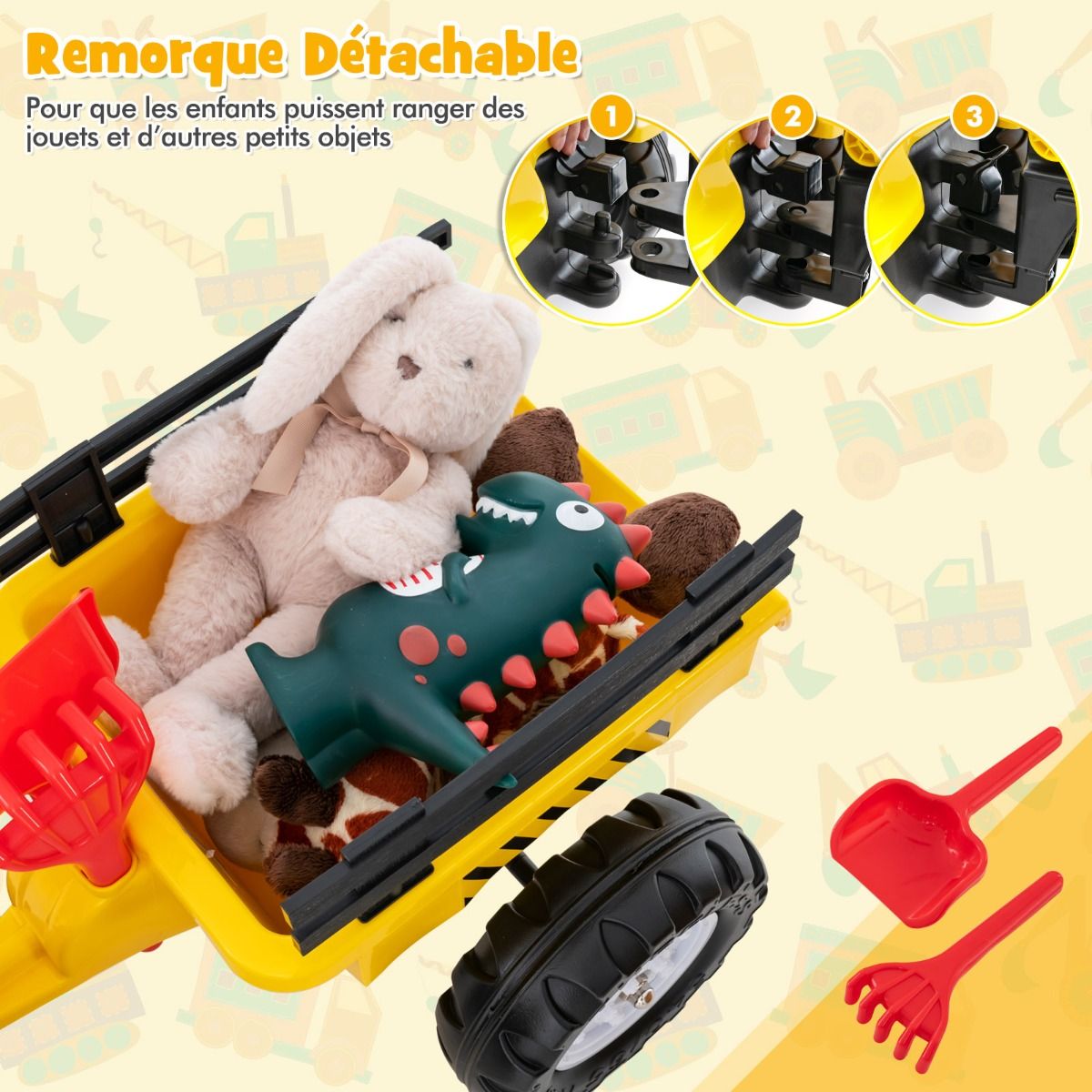 3 en 1 Tracteur pour Enfant avec 6 Roues Jouet Pelle Remorque Amovible avec Volant Klaxon 3 6 Ans Jaune/Vert -