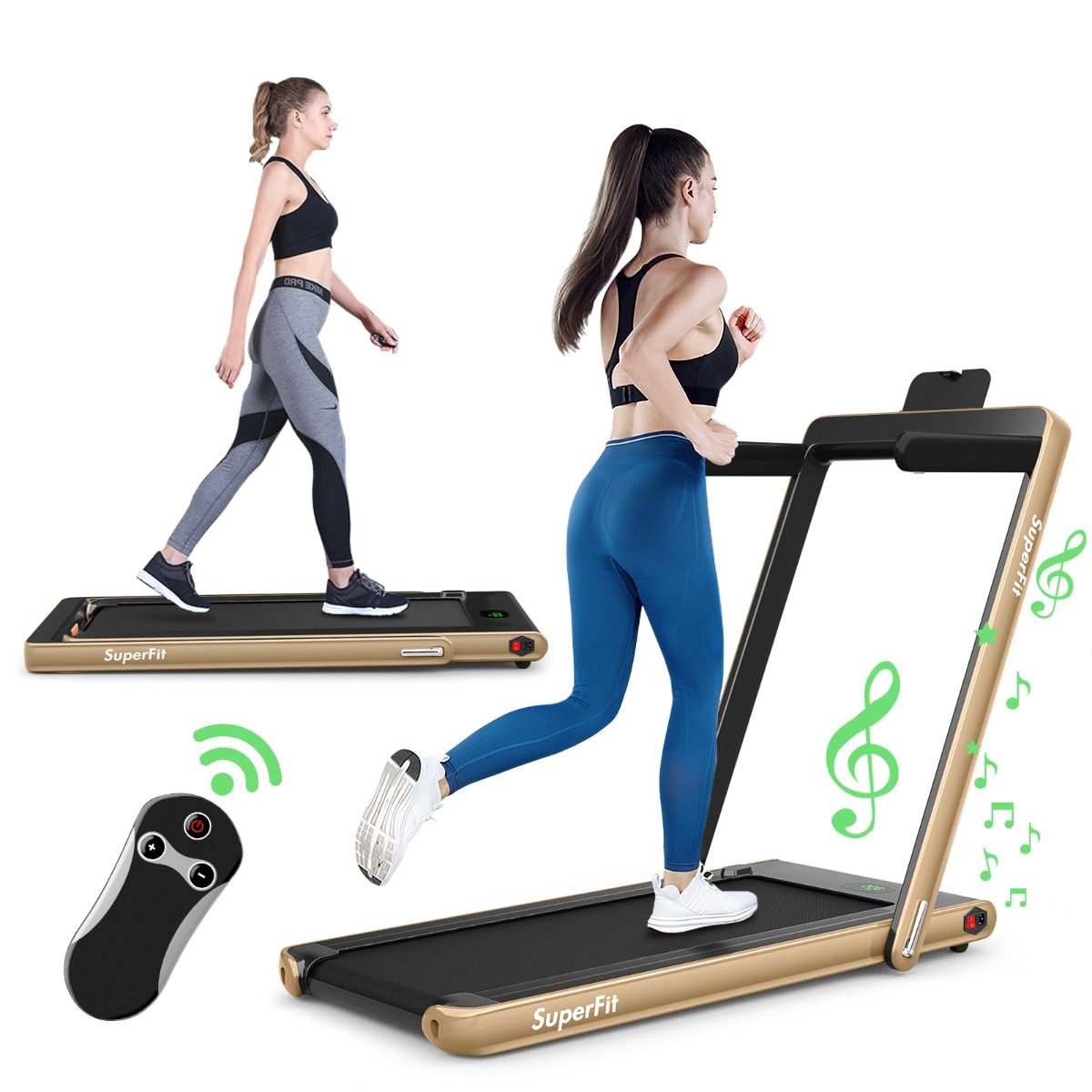 2 en 1 Tapis de Course Electrique Pliable 1 12 Km/H avec Haut-parleur Bluetooth Tlcommande Moteur 0,75HP Vert/Blanc/Noir/Rouge/Or/Noir et Argent/Bleu -