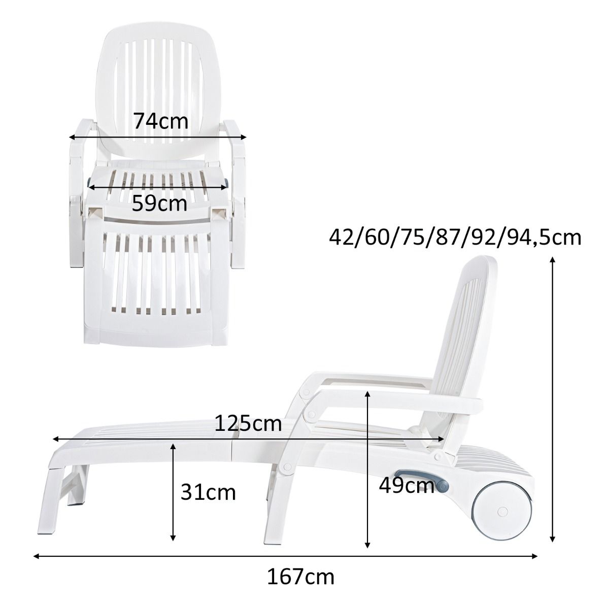 Chaise Longue Inclinable Rglable 5 Positions avec Roues Flexibles Fauteuil Relax de Camping avec Bo卯te de Rangement Charge 150KG Blanc -