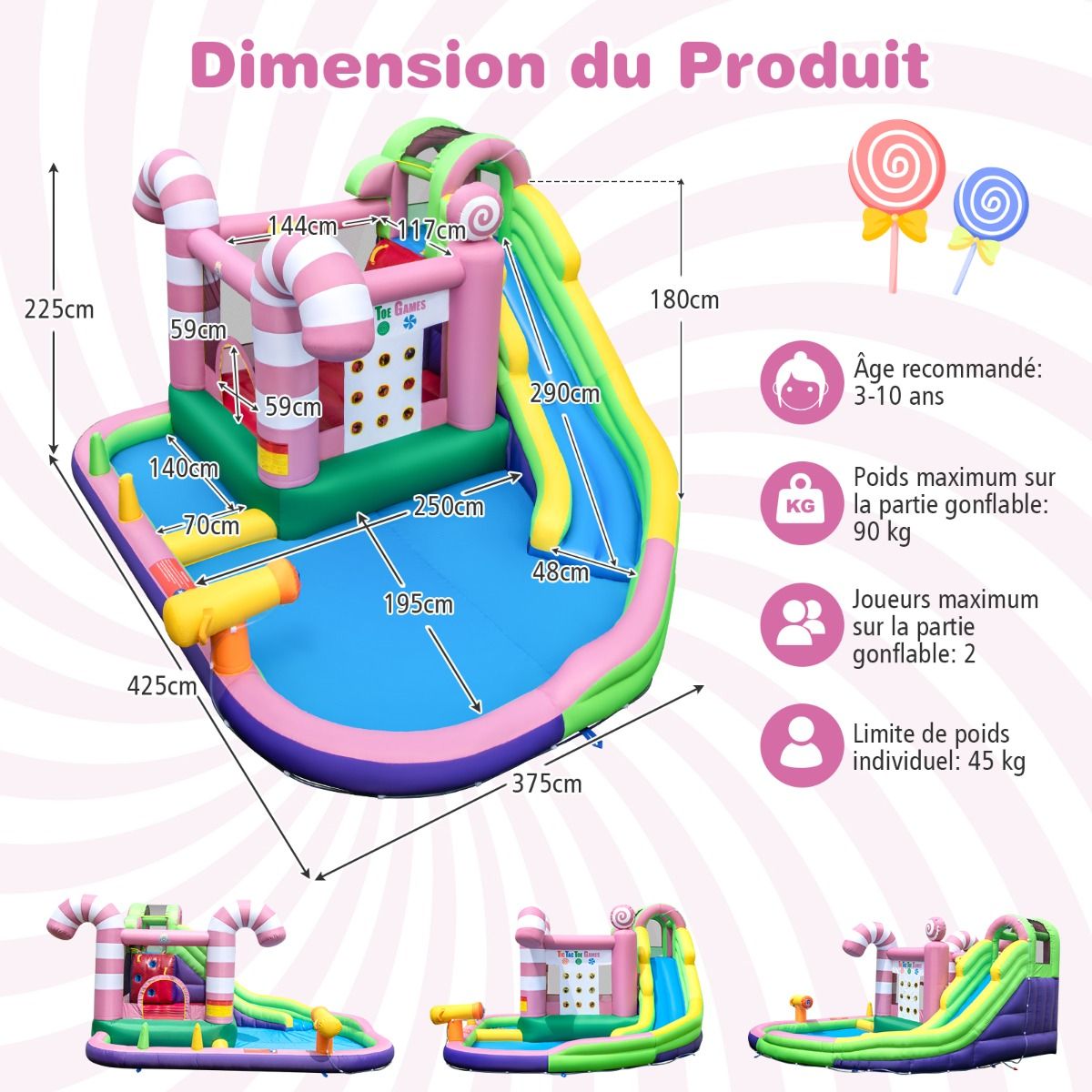 9 en 1 Ch芒teau Gonflable en Forme Bonbons avec Toboggan Maison de Saut Gonflable avec Pistolet Eau Charge 90kg pour 2 Enfants de 3-10 Ans -