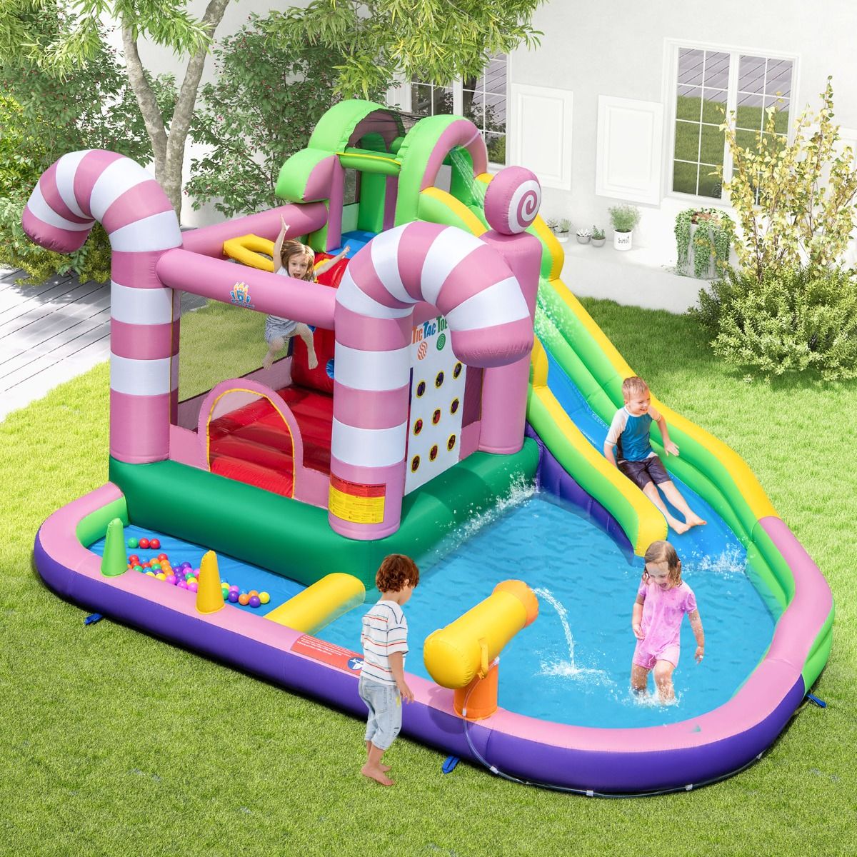 9 en 1 Ch芒teau Gonflable en Forme Bonbons avec Toboggan Maison de Saut Gonflable avec Pistolet Eau Charge 90kg pour 2 Enfants de 3-10 Ans -