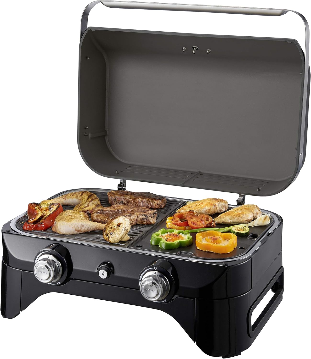 Attitude2go,Barbecue de Table Faible fume,BBQ Portable, Couvercle,thermomtre,et Grille en Fonte,Alimentation : Cartouche de gaz CV 470 Plus,Gris