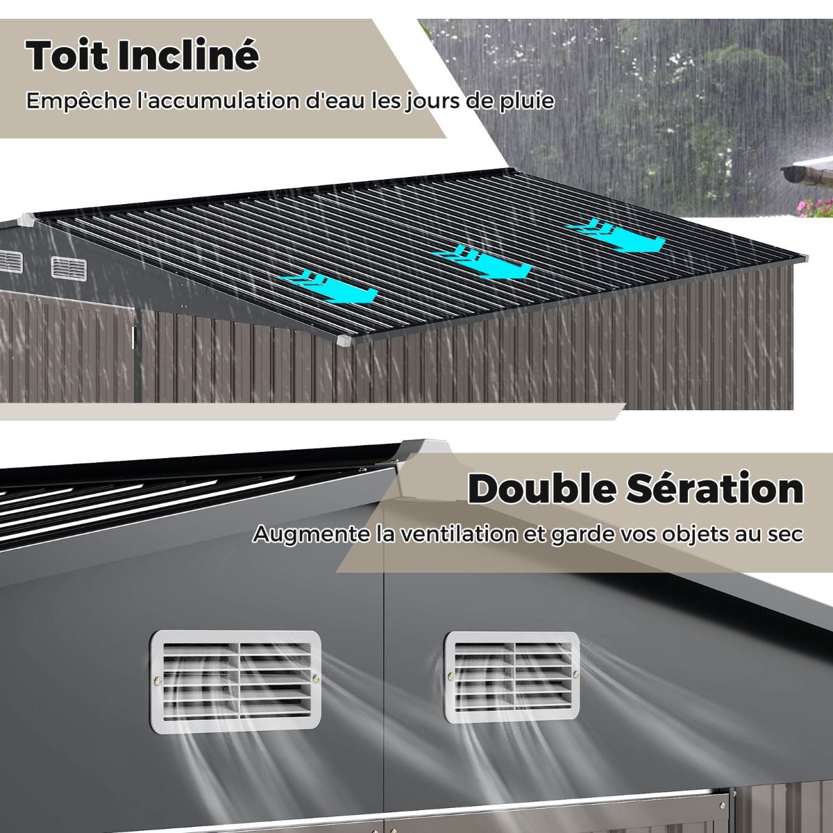 Abri de Stockage Extrieur Grand Hangar Outils avec Design de Toit Inclin Portes Fermables avec Cls 4 Arations 350x350x198cm Gris -