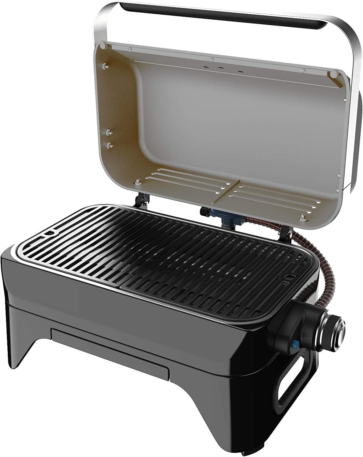Attitude2go,Barbecue de Table Faible fume,BBQ Portable, Couvercle,thermomtre,et Grille en Fonte,Alimentation : Cartouche de gaz CV 470 Plus,Gris