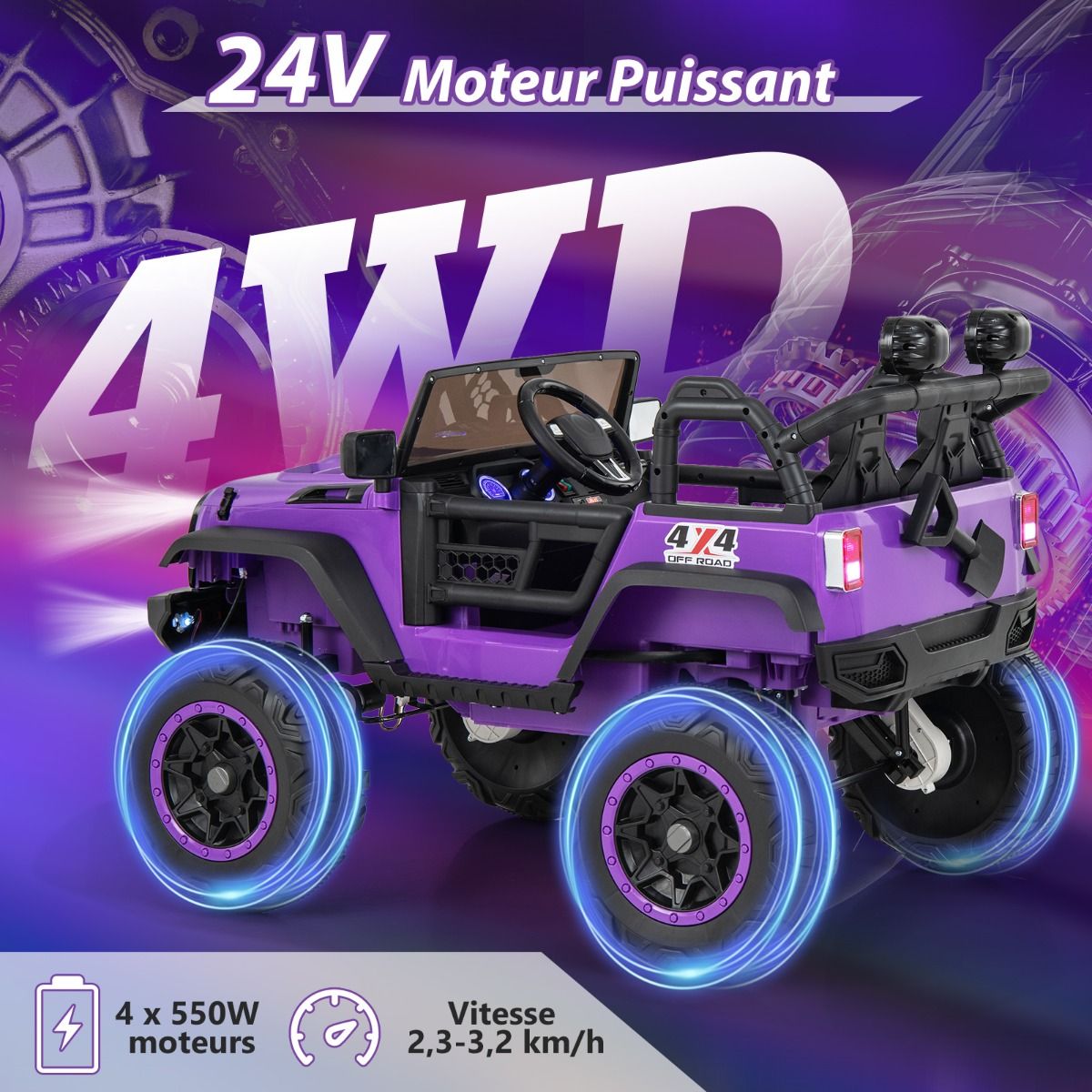 Voiture lectrique 24v pour Enfants 2 Places Tlcommande Musique Histoire Klaxon Usb Fonction de Dmarrage Lent Suspensions Ressort Blanc/Noir/Rose/Violet -