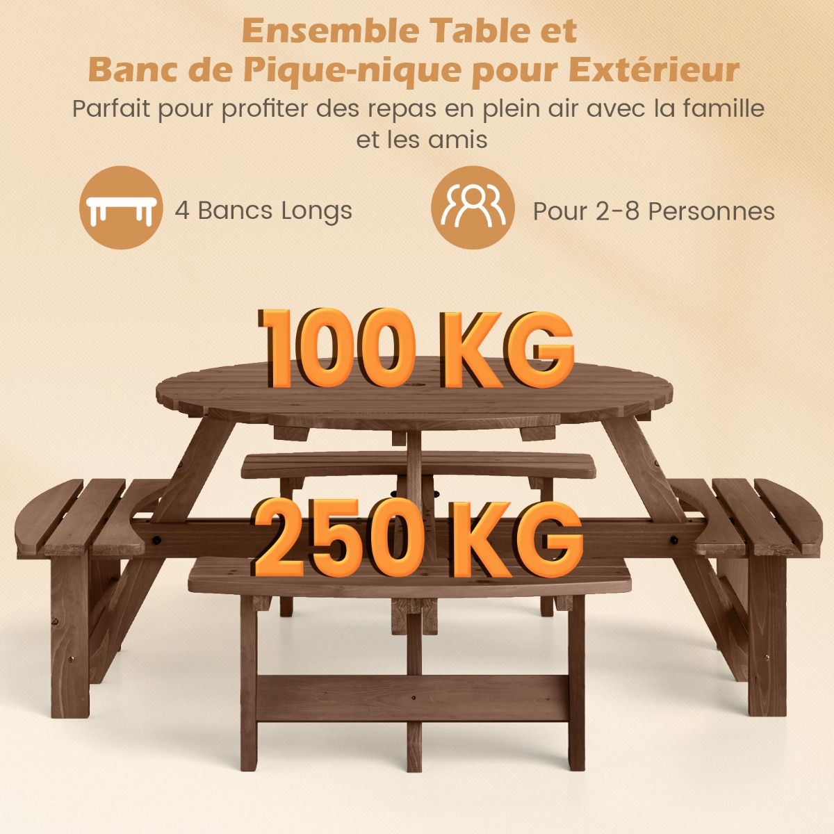 Ensemble Table de Pique-Nique en Bois pour 2 8 Personnes Set Table et Banc Circulaire avec 4 Bancs Intgrs Trou de Parasol de 5cm Marron/Jaune -