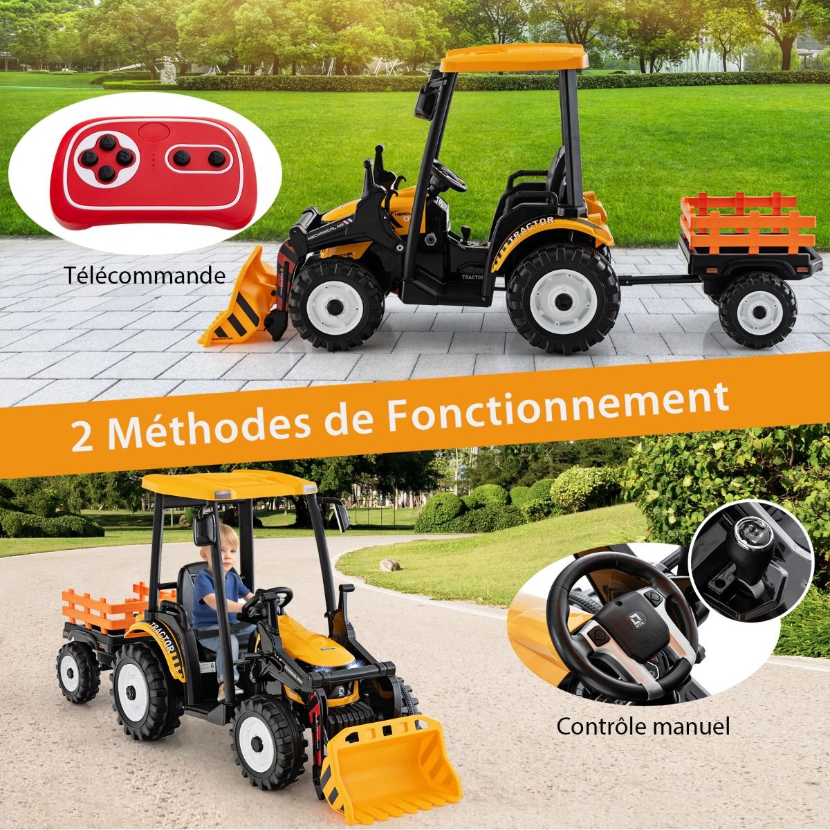 12V Tracteur lectrique Enfants avec Pelle&Remorque Amovible Vhicule lectrique 6 Roues avec Tlcommande & Musique 3-6 km/h pour 3-8 Ans Jaune/Vert -