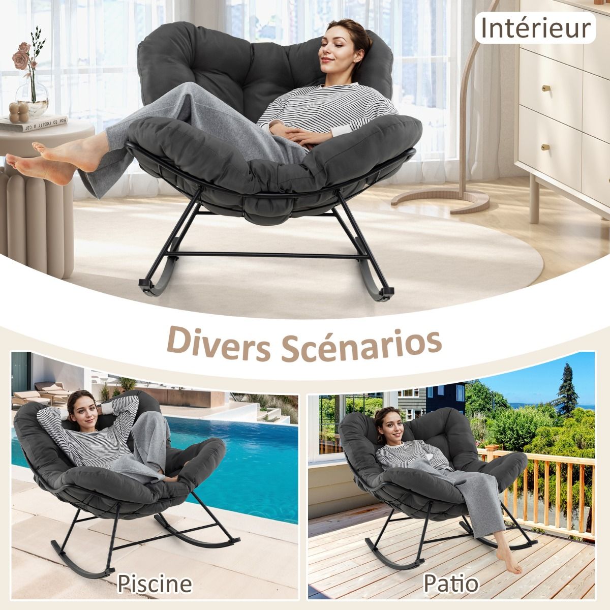 Chaise Bascule d'Intrieur et d'Extrieur Chaise Papasan Surdimensionne avec Coussin Rembourr & Cadre en Mtal Capacit 205 Kg Gris -
