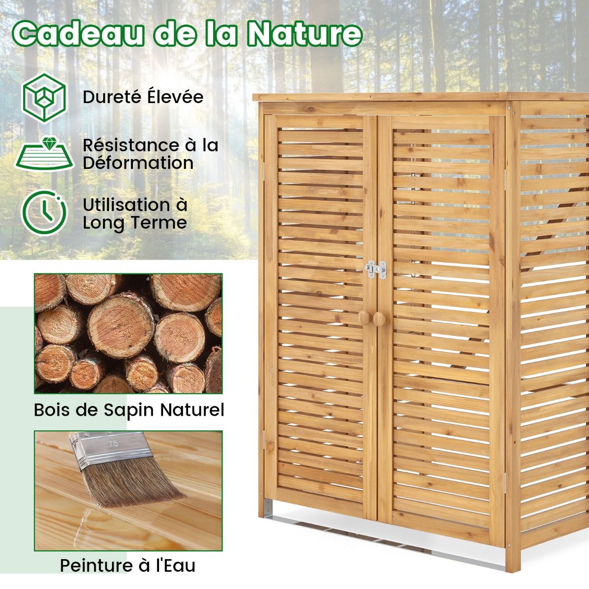 Abri Poubelle en Bois de 120 L Abri pour Outils d'Extrieur avec Couvercle Ouvrable Doubles Portes Loquet de Verrouillage Naturel -