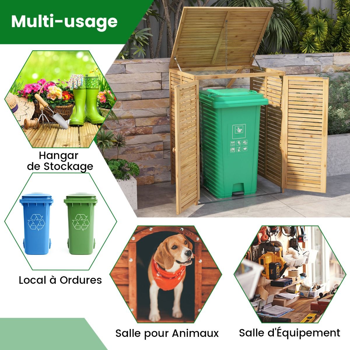 Abri Poubelle en Bois de 120 L Abri pour Outils d'Extrieur avec Couvercle Ouvrable Doubles Portes Loquet de Verrouillage Naturel -