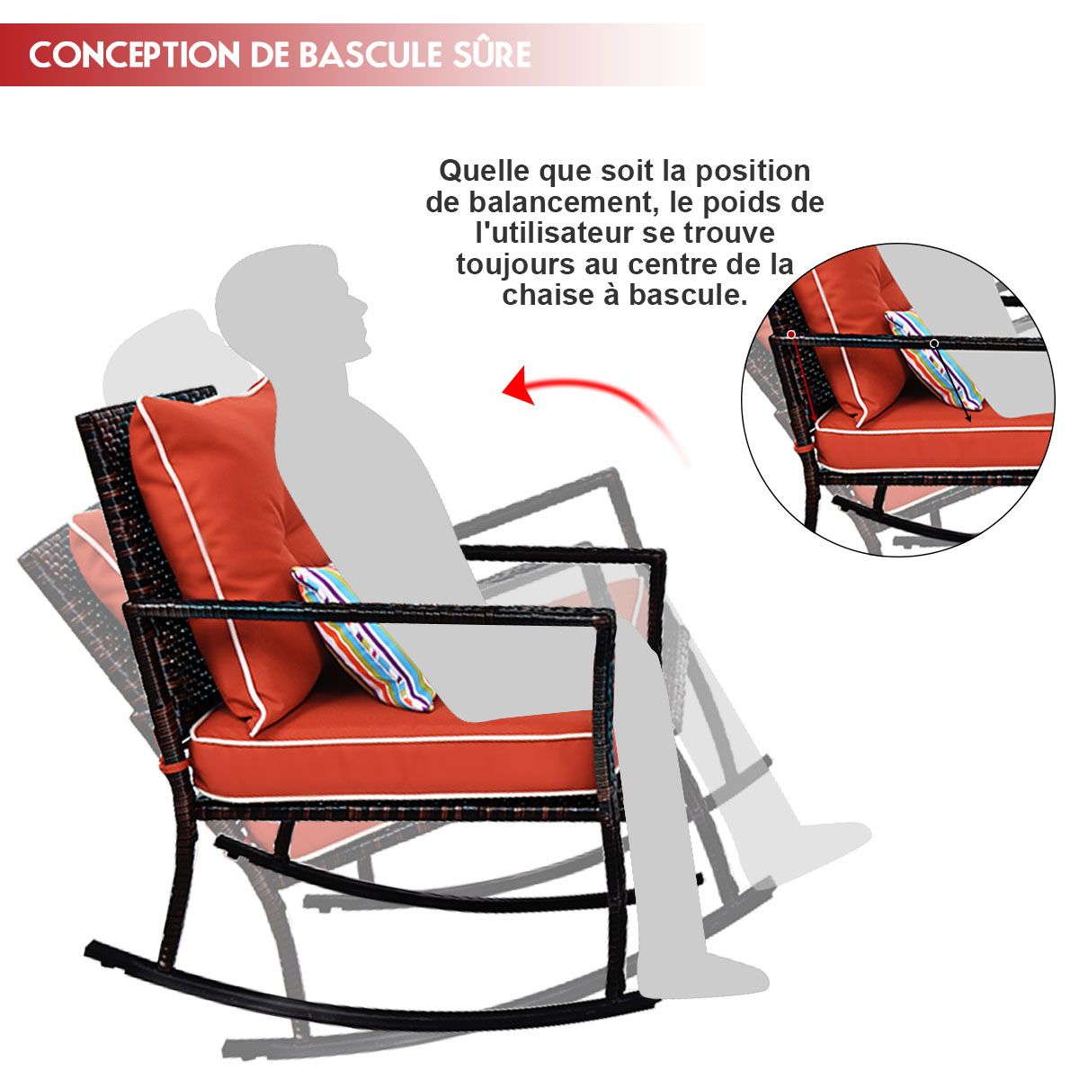 Ensemble de Jardin avec 2 Fauteuils Bascule et 1 Table Basse en Verre Tremp Tous Coussins Inclus en Rotin PE -