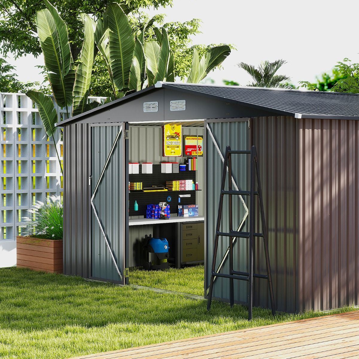 Abri de Stockage Extrieur Grand Hangar Outils avec Design de Toit Inclin Portes Fermables avec Cls 4 Arations 350x350x198cm Gris -