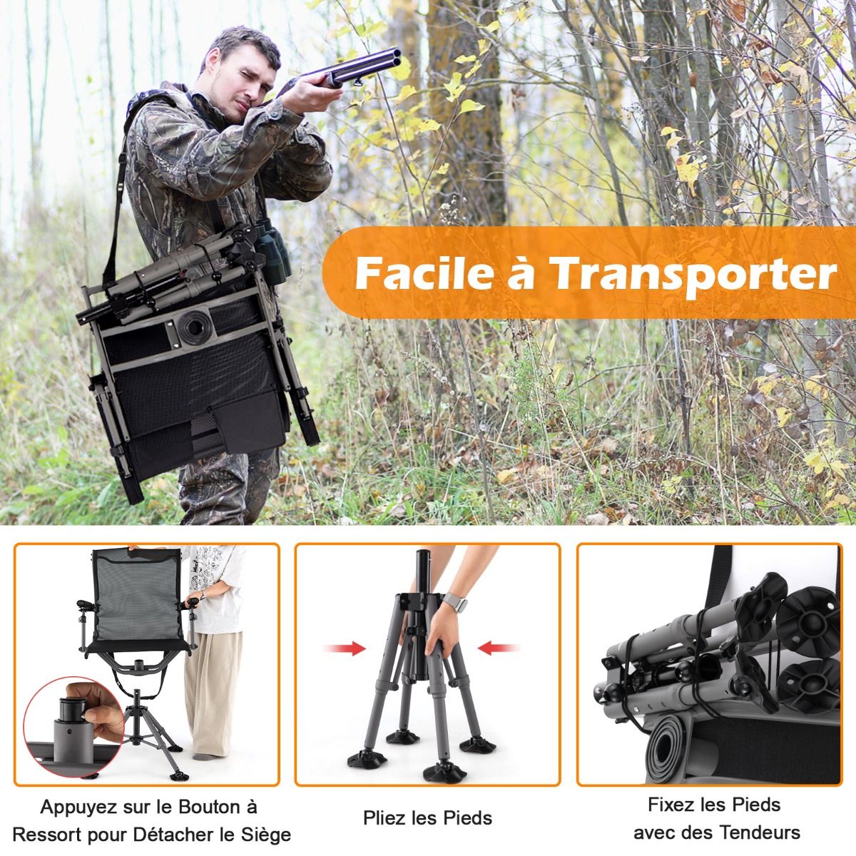 Chaise de Chasse Portable Chaise de Tir avec Sige de Pliable Rglables Rotation 360掳 Support de Fusil Rglable Charge 150 kg Noir -