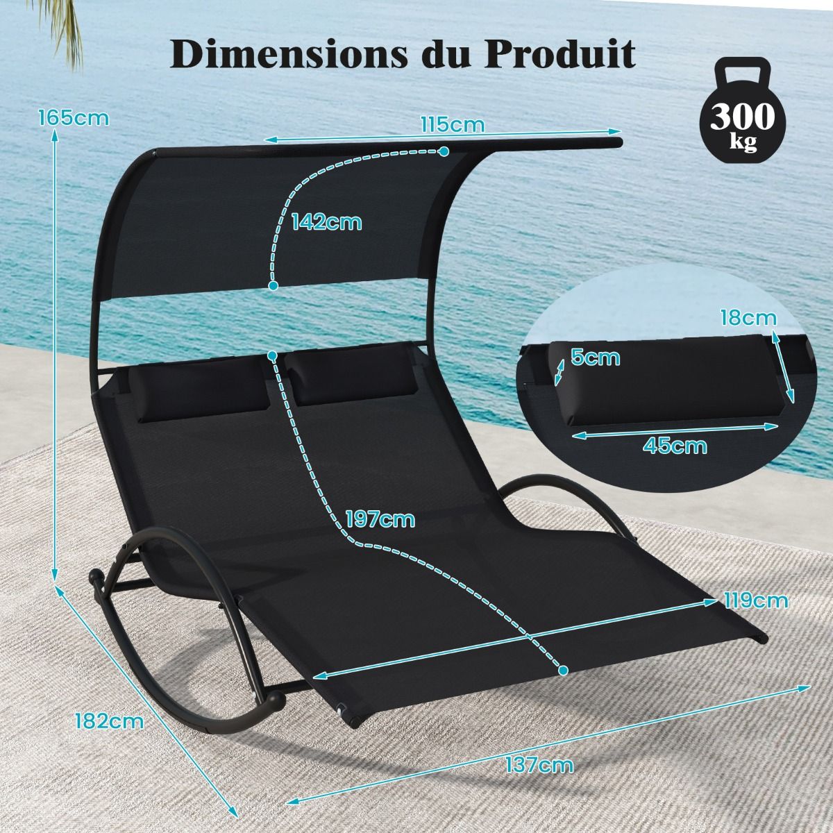 Chaise Longue Double Chaise Bascule pour 2 Personnes 2 Appui-T锚tes Amovibles Cadre en Mtal Robuste Lit de Repos Ergonomique 2 Places Gris/Noir/Beige -