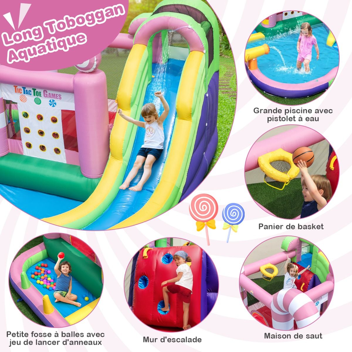 9 en 1 Ch芒teau Gonflable en Forme Bonbons avec Toboggan Maison de Saut Gonflable avec Pistolet Eau Charge 90kg pour 2 Enfants de 3-10 Ans -
