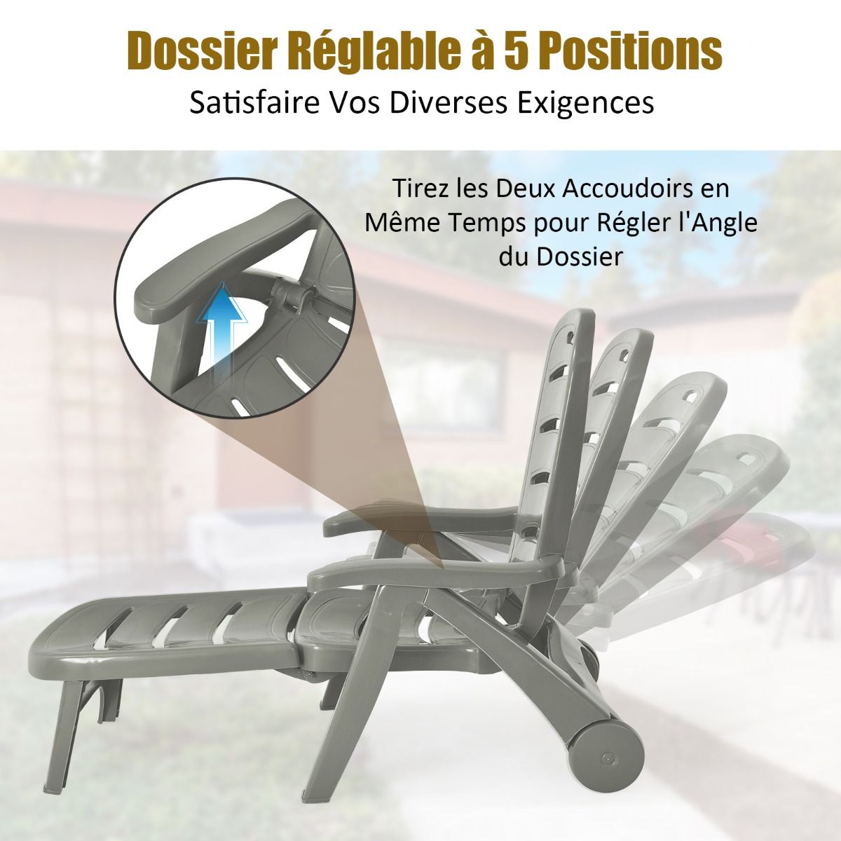 Chaise Longue Pliable Dossier Inclinable 5 Positions avec Roues Intgres pour Terrasse Jardin Piscine 150 kg Gris/Blanc/Bleu -