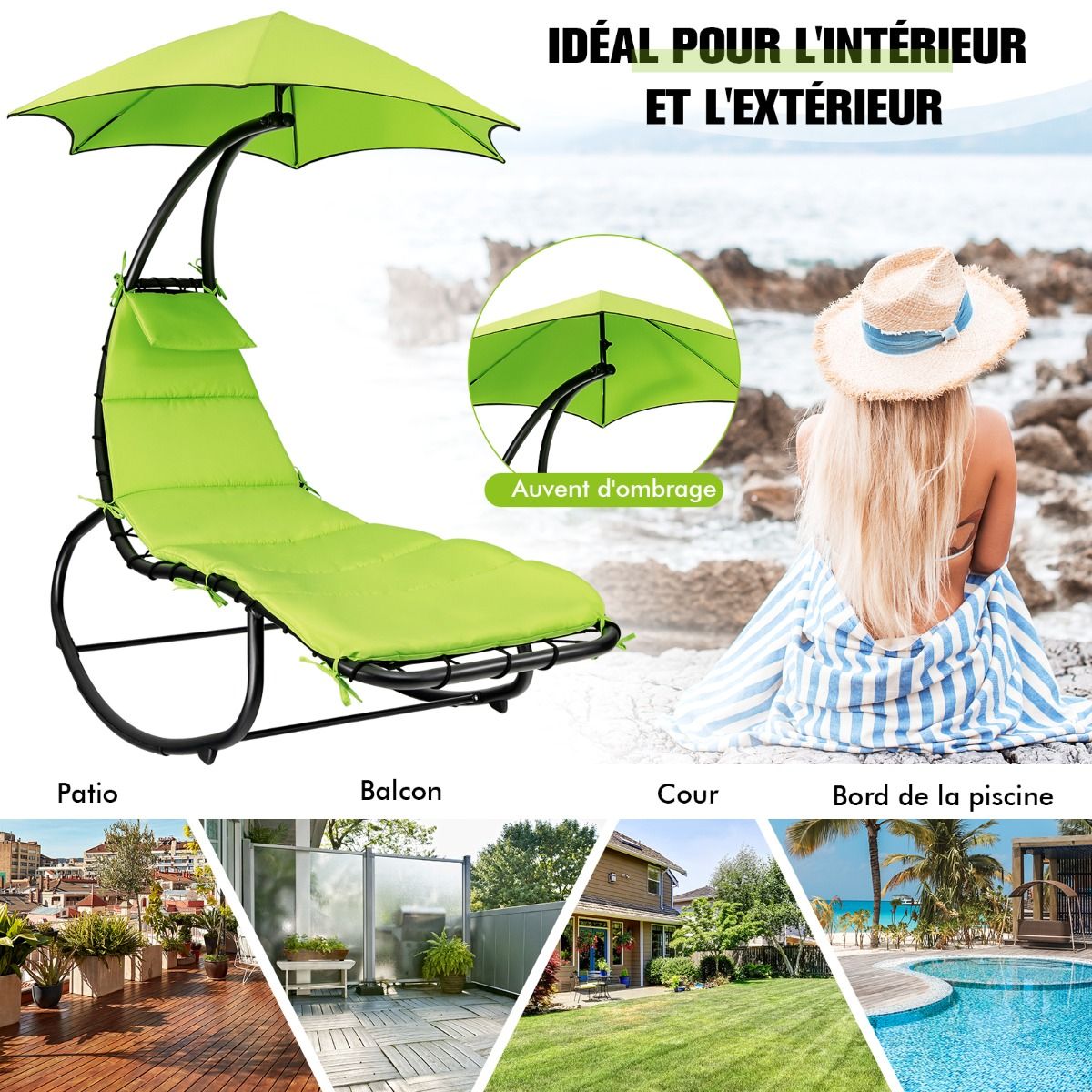 Bain de Soleil Bascule Transat Suspendu avec Pare-Soleil & Coussin Hamac Charge 150KG 184 cm x 147 cm x 187 cm Vert -