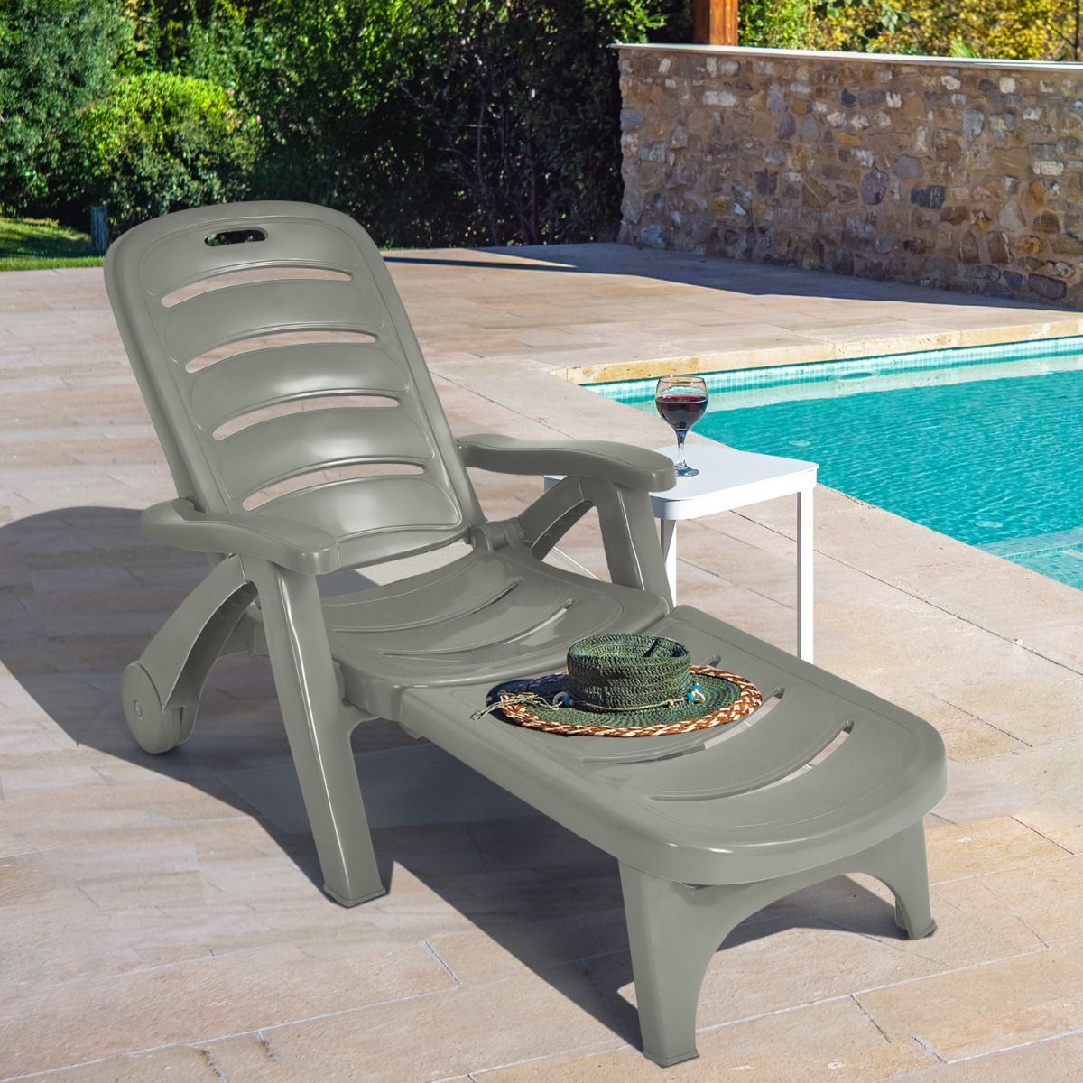 Chaise Longue Pliable Dossier Inclinable 5 Positions avec Roues Intgres pour Terrasse Jardin Piscine 150 kg Gris/Blanc/Bleu -