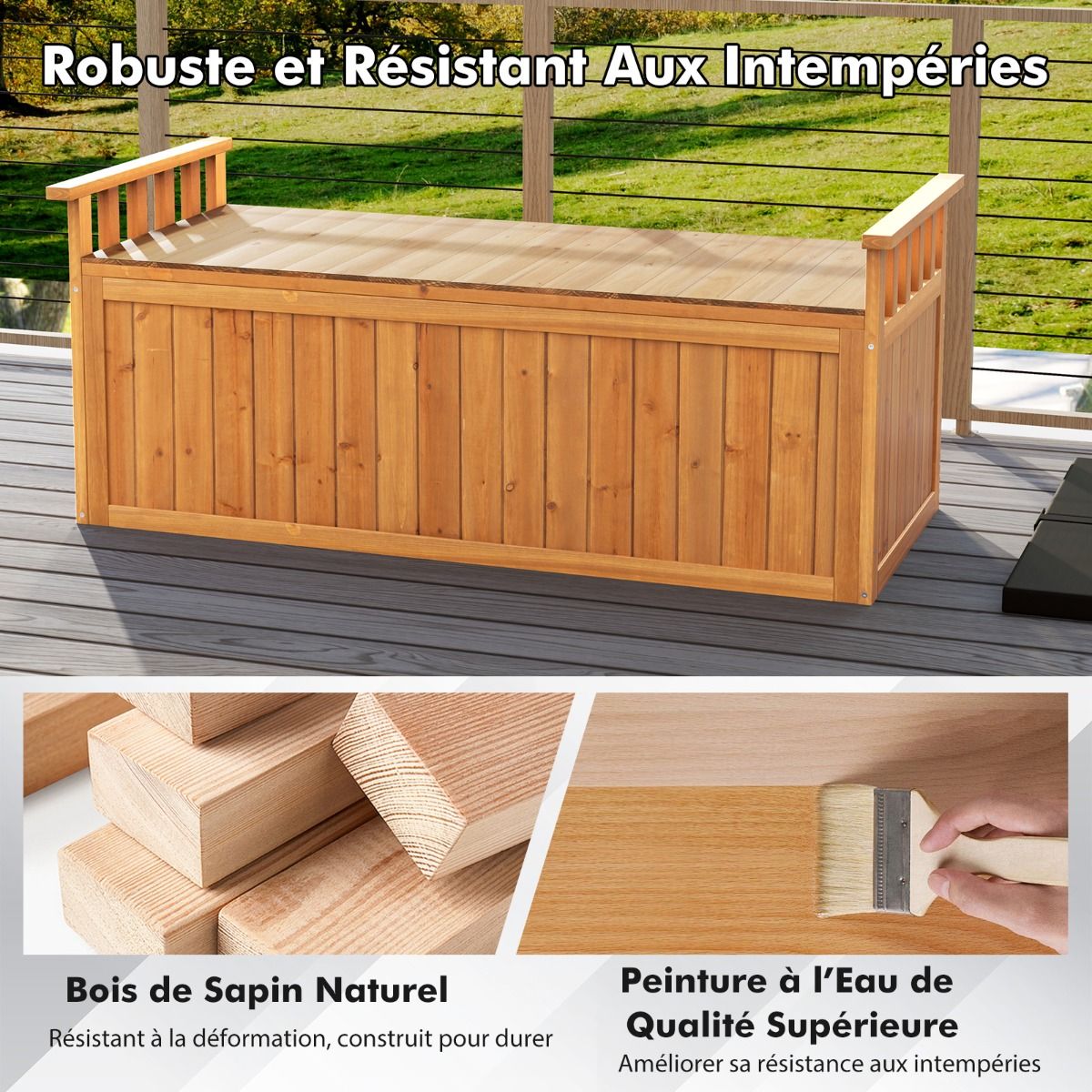 Banc de Rangement en Bois Banc d'Extrieur 2 Places de 209 L avec Accoudoirs Coffre de Stockage en Bois Charge 100KG Naturel -