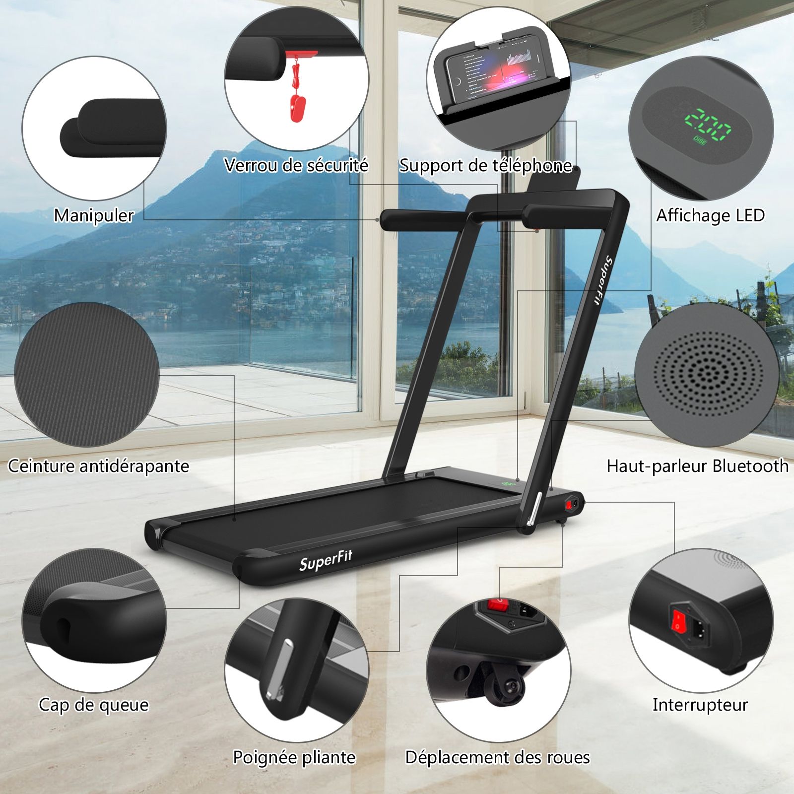 2 en 1 Tapis de Course Electrique Pliable 1 12 Km/H avec Haut-parleur Bluetooth Tlcommande Moteur 0,75HP Vert/Blanc/Noir/Rouge/Or/Noir et Argent/Bleu -