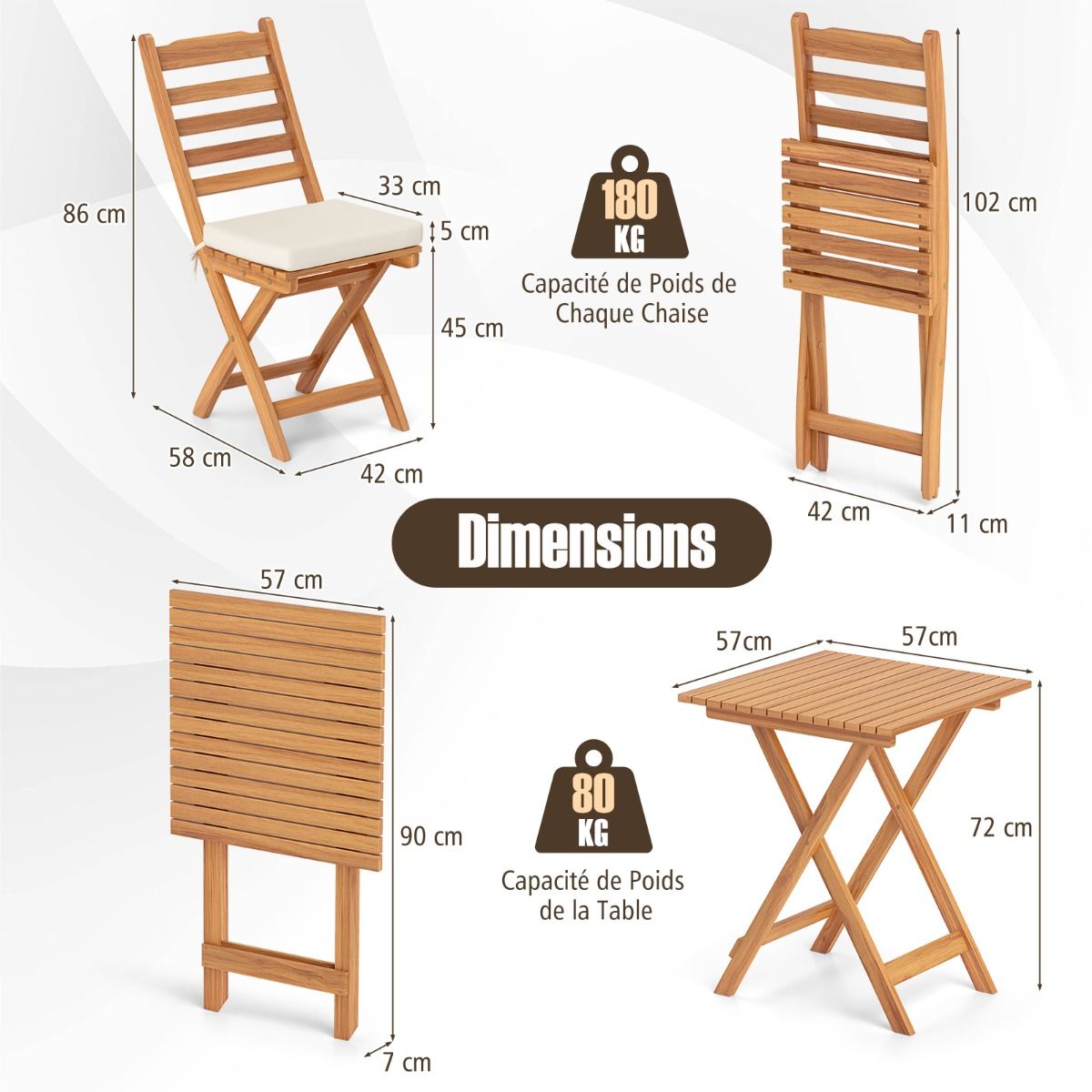Ensemble Bistrot d'Extrieur en Bois d'Acacia Ensemble de Chaises Pliantes et Table Coussins de Sige Sans Accoudoirs Dossier Haut Blanc -