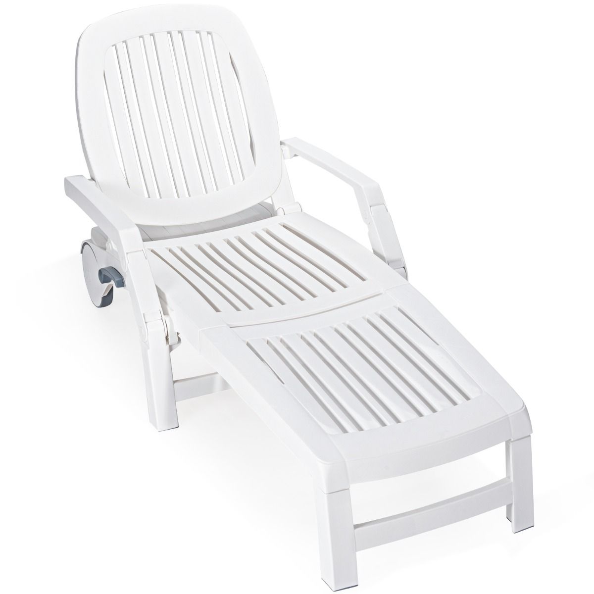 Chaise Longue Inclinable Rglable 5 Positions avec Roues Flexibles Fauteuil Relax de Camping avec Bo卯te de Rangement Charge 150KG Blanc -