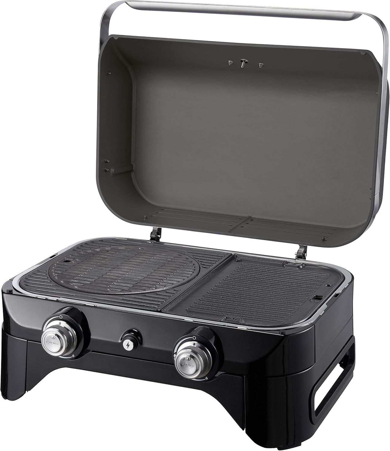 Attitude2go,Barbecue de Table Faible fume,BBQ Portable, Couvercle,thermomtre,et Grille en Fonte,Alimentation : Cartouche de gaz CV 470 Plus,Gris