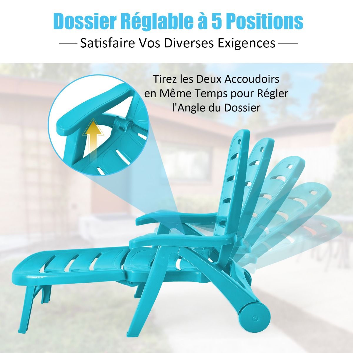 Chaise Longue Pliable Dossier Inclinable 5 Positions avec Roues Intgres pour Terrasse Jardin Piscine 150 kg Gris/Blanc/Bleu -