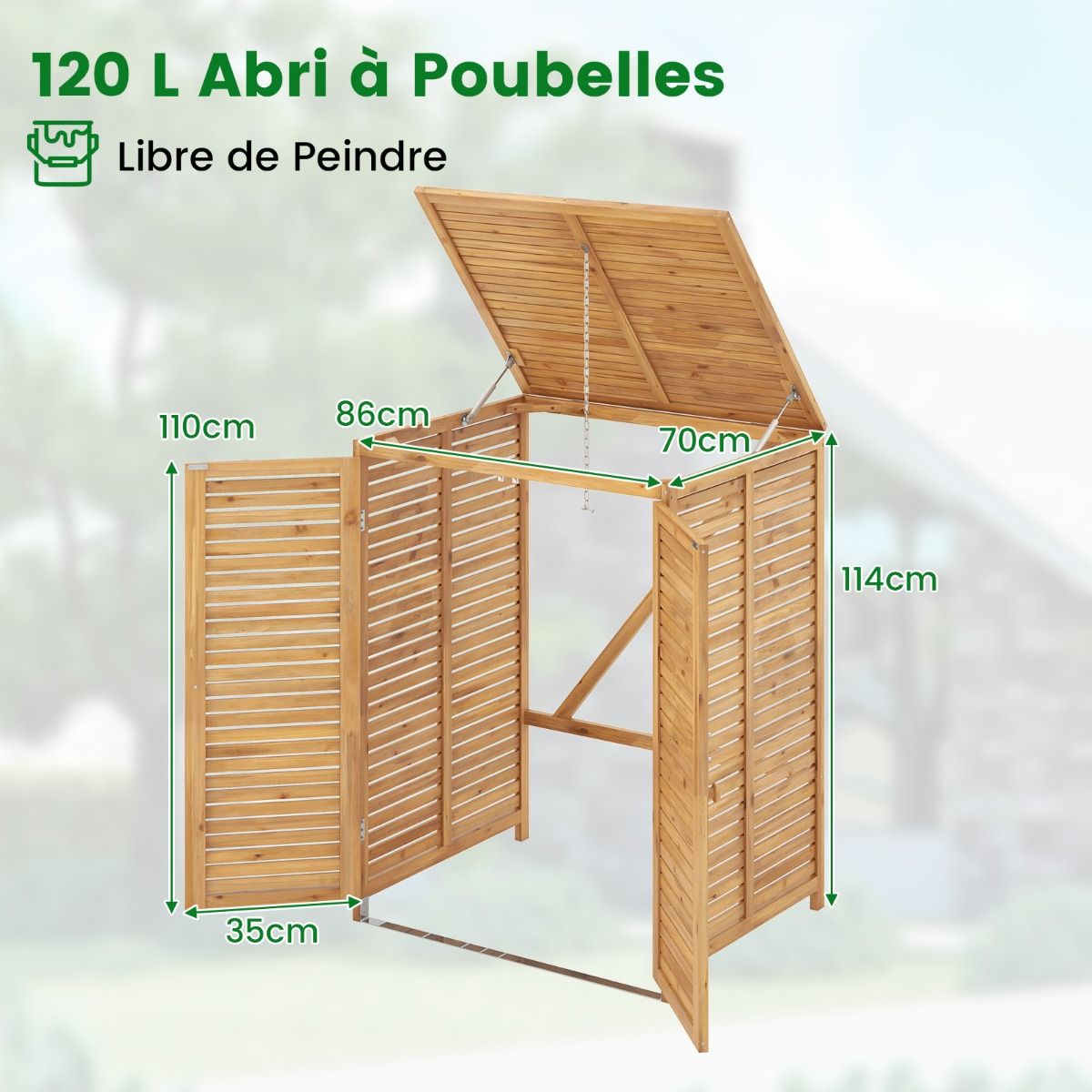 Abri Poubelle en Bois de 120 L Abri pour Outils d'Extrieur avec Couvercle Ouvrable Doubles Portes Loquet de Verrouillage Naturel -