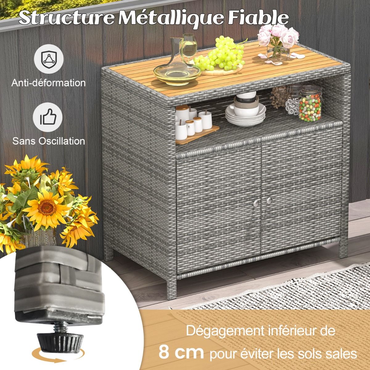 Armoire de Rangement Exterieur en Rotin Armoire de Jardin avec Plateau en Bois d'Acacia Compartiment Ouvert Buffet 2 Portes -