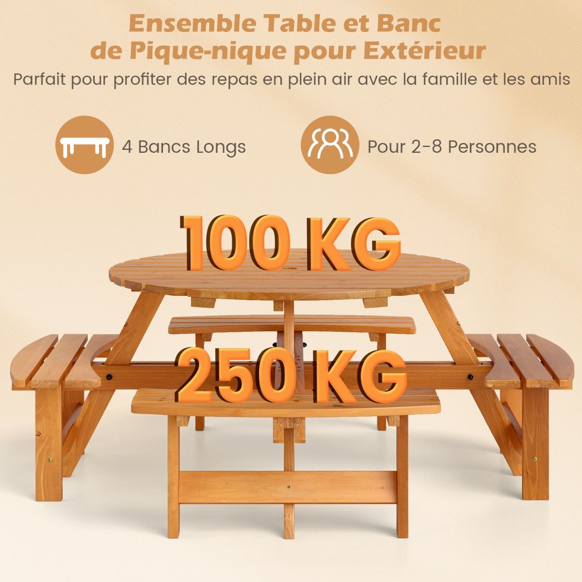 Ensemble Table de Pique-Nique en Bois pour 2 8 Personnes Set Table et Banc Circulaire avec 4 Bancs Intgrs Trou de Parasol de 5cm Marron/Jaune -