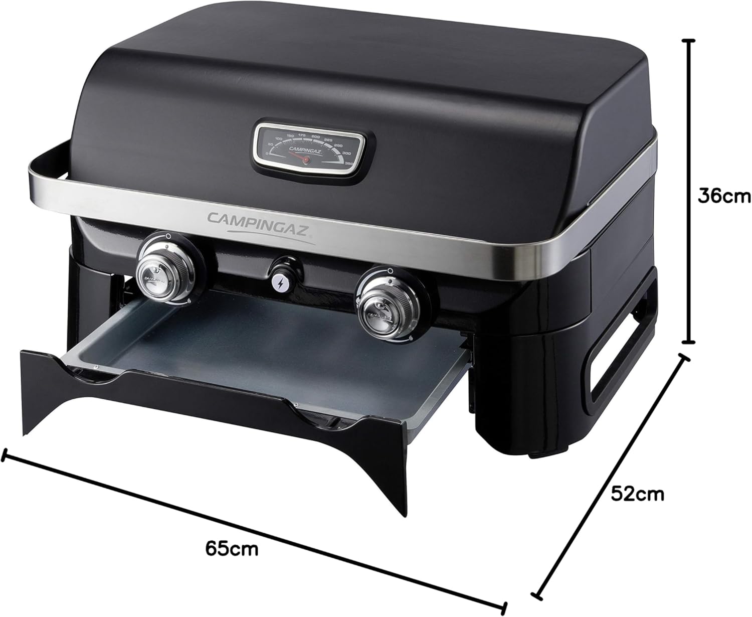 Attitude2go,Barbecue de Table Faible fume,BBQ Portable, Couvercle,thermomtre,et Grille en Fonte,Alimentation : Cartouche de gaz CV 470 Plus,Gris