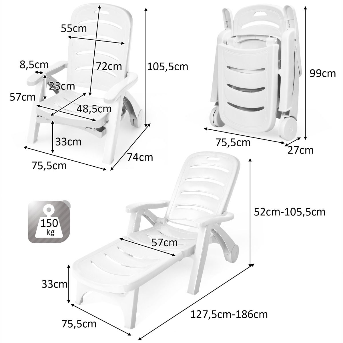 Chaise Longue Pliable Dossier Inclinable 5 Positions avec Roues Intgres pour Terrasse Jardin Piscine 150 kg Gris/Blanc/Bleu -