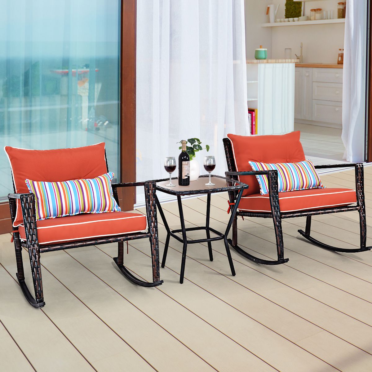 Ensemble de Jardin avec 2 Fauteuils Bascule et 1 Table Basse en Verre Tremp Tous Coussins Inclus en Rotin PE -