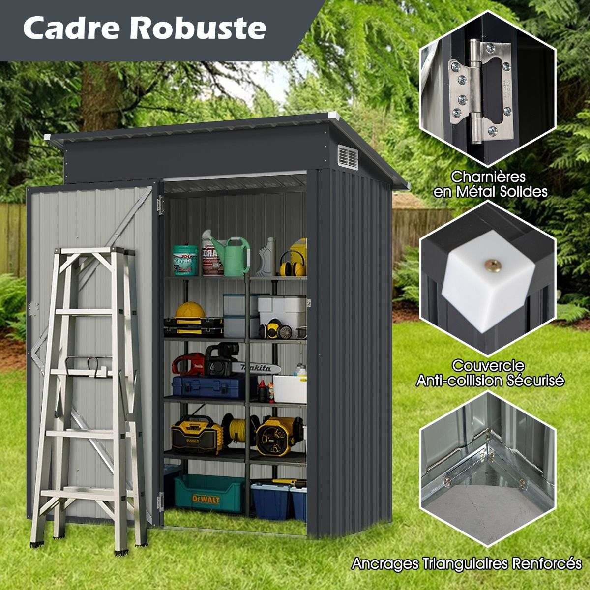 Abri de Rangement Toutes Saisons Abri Outils Utilitaire avec Toit en Pente Porte Ouvrante Arations Cadre en Mtal Galvanis Gris -