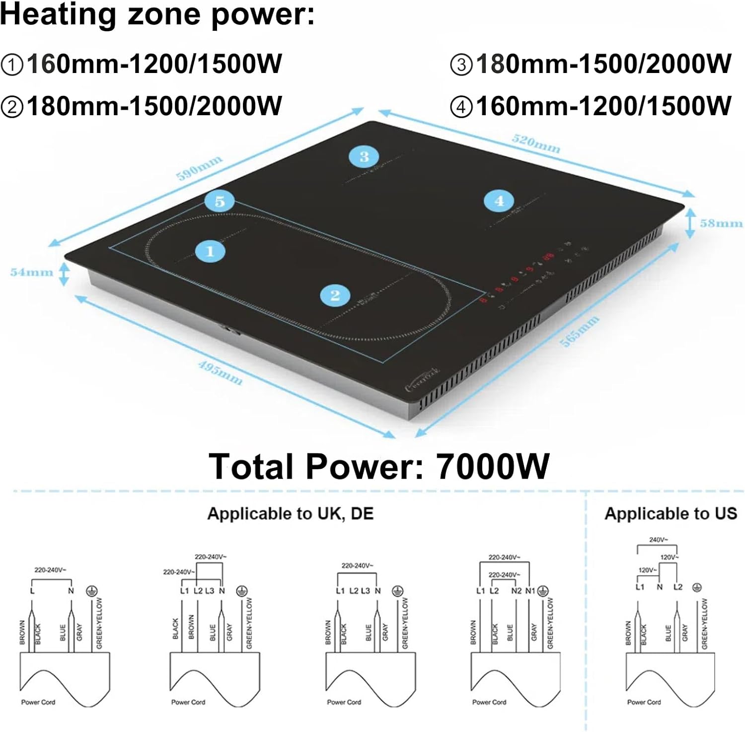 Covercook Plaque à Induction - Plaque de Cuisson à Induction Electrique -Encastrable 3 ou 4 foyers - Flexible Zone - 9 Niveaux de Puissance, Commande Tactile - Verrouillage d'enfant - 7000W, 220-240 V