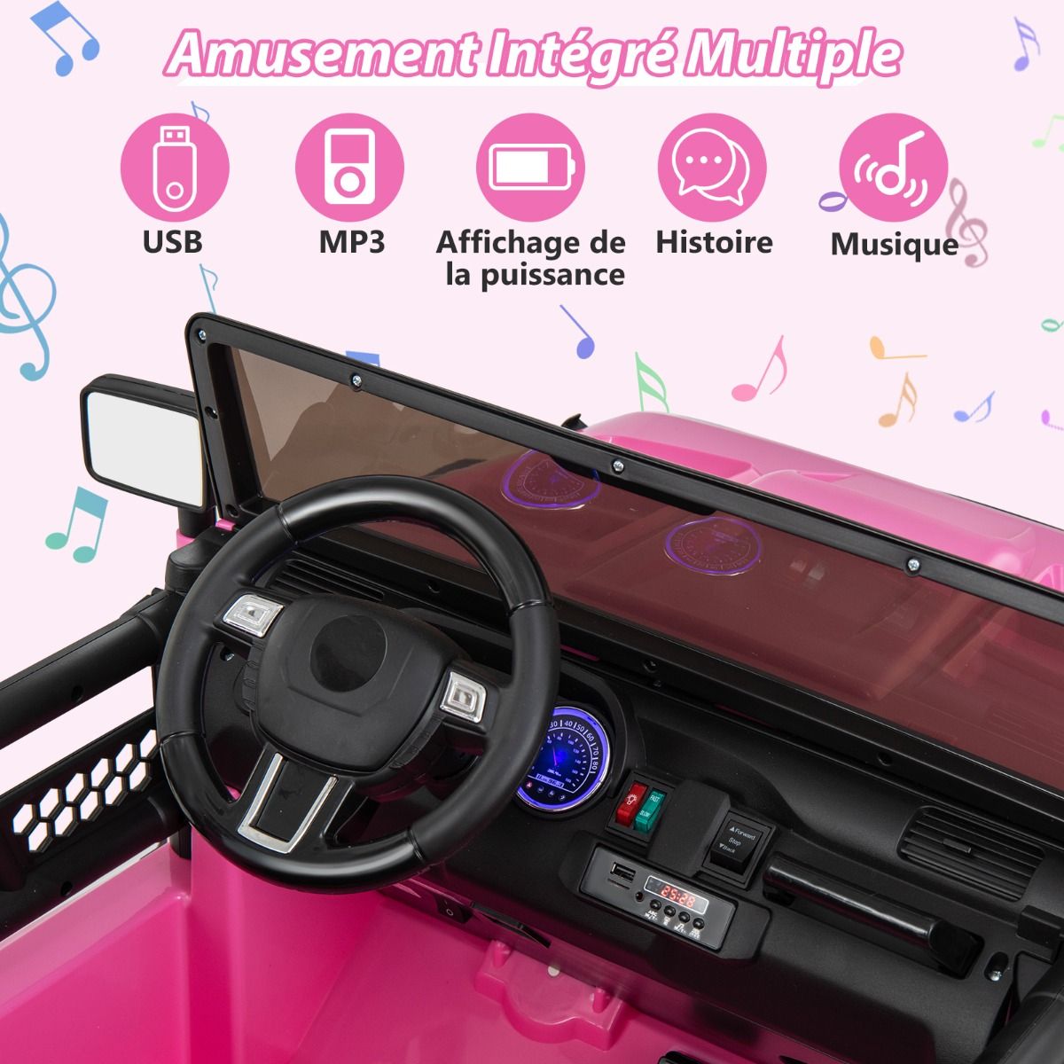 Voiture lectrique 24v pour Enfants 2 Places Tlcommande Musique Histoire Klaxon Usb Fonction de Dmarrage Lent Suspensions Ressort Blanc/Noir/Rose/Violet -