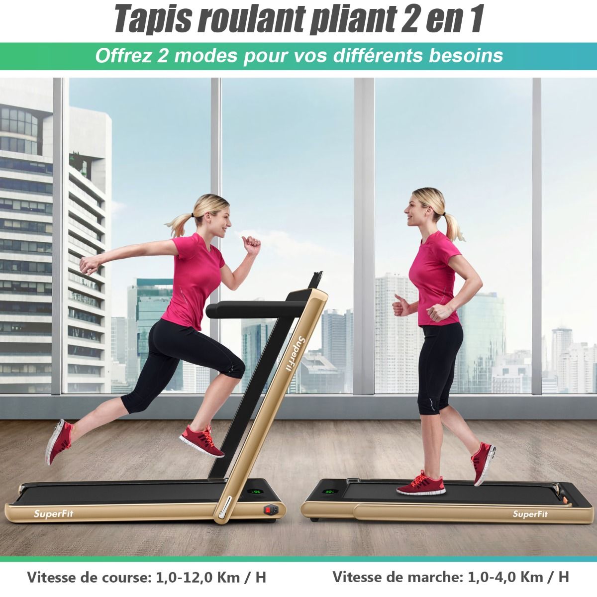 2 en 1 Tapis de Course Electrique Pliable 1 à 12 Km/H avec Haut-parleur Bluetooth Télécommande Moteur 0,75HP Vert/Blanc/Noir/Rouge/Or/Noir et Argenté/Bleu -